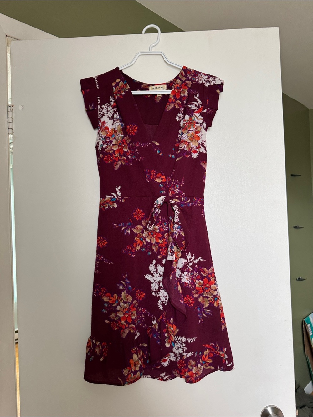 Monteau Burgundy Floral Mini Wrap Dress